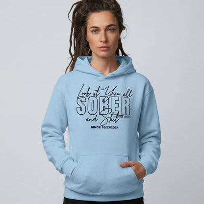 Look at You Sober Recovery Hoodie flat lay styled image (view 33)