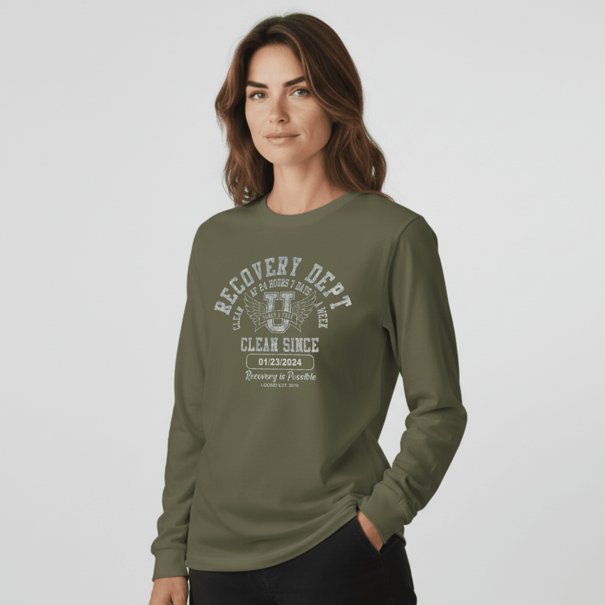 Recovery Dept 24/7 Long Sleeve T-shirt with Custom Recovery Date | Clean Shirt