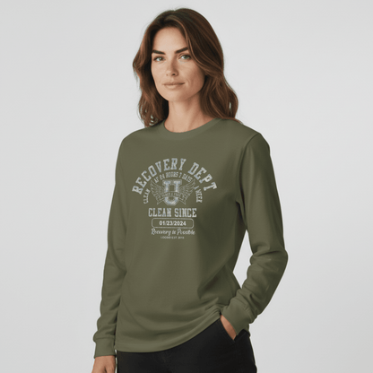Recovery Dept 24/7 Long Sleeve T-shirt with Custom Recovery Date | Clean Shirt