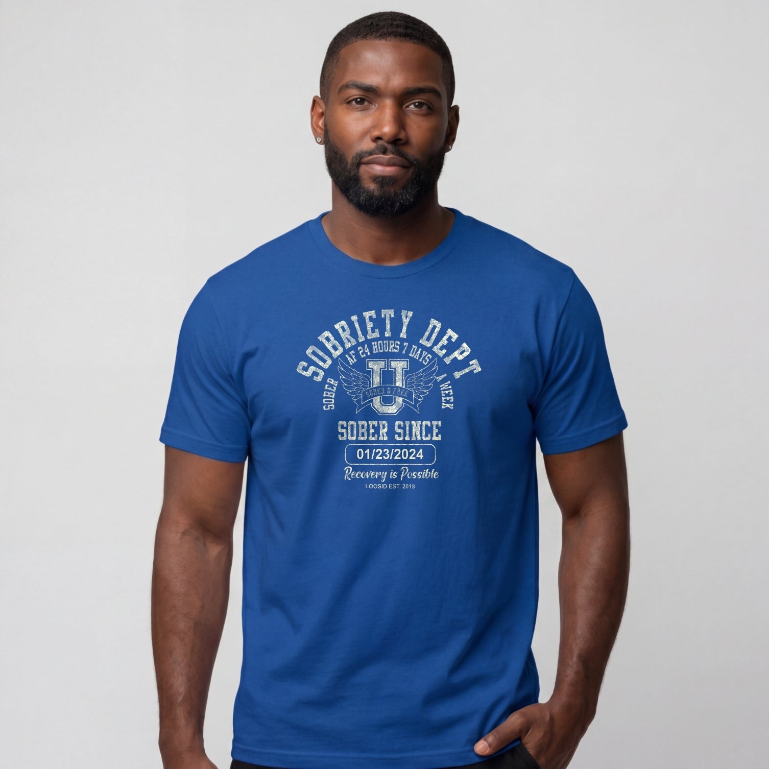 Sobriety Dept Men's T-Shirt with Custom Sobriety Date