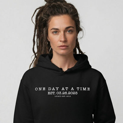 One Day At a Time Recovery Hoodie close-up view (view 2)