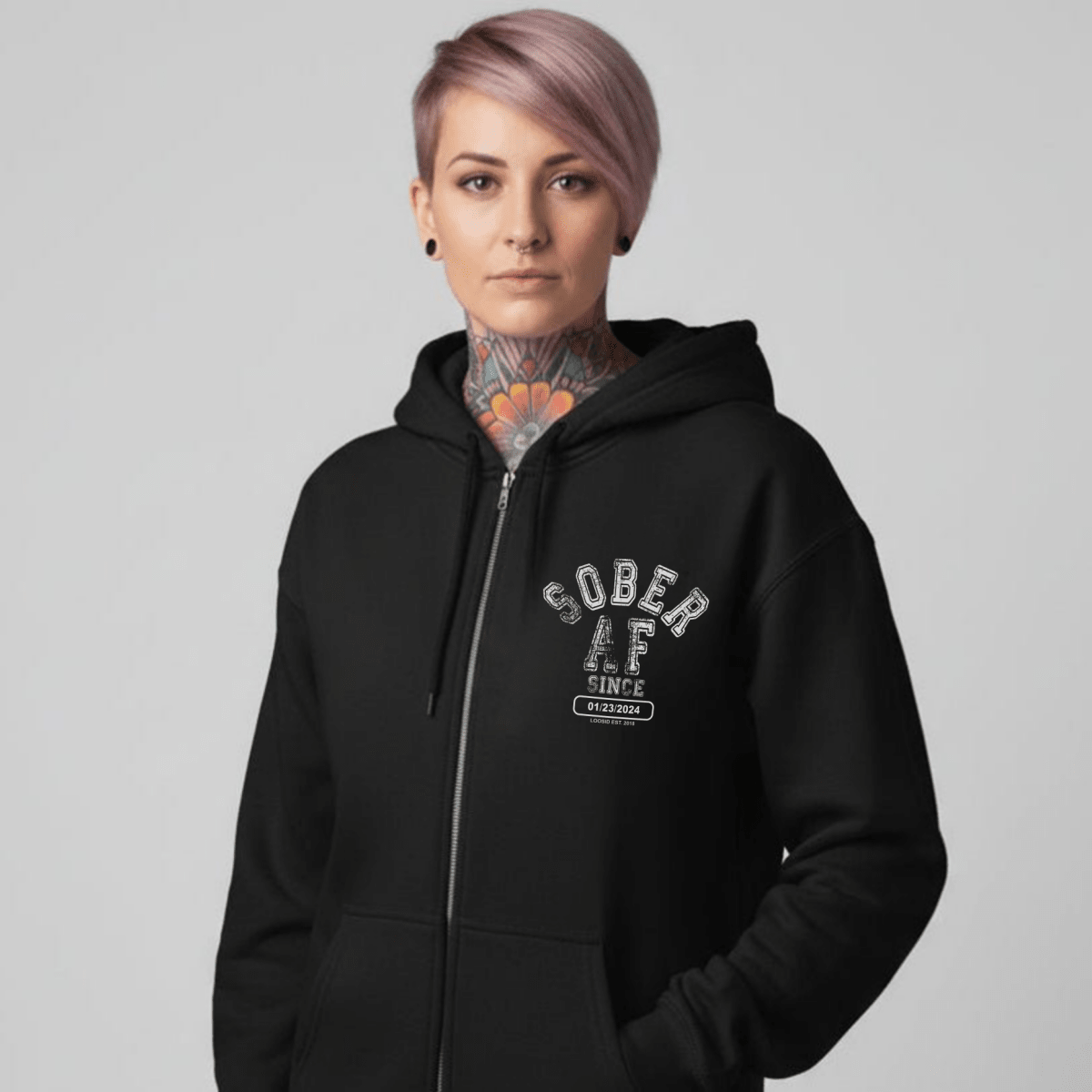 Recovery Hoodie | Sober AF Since Zip Hoodie with Custom Sobriety Date