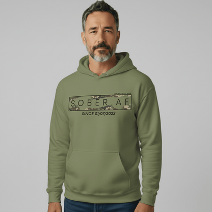 Recovery Hoodie | Unisex Sober AF Camo Hoodie with Custom Sober Date