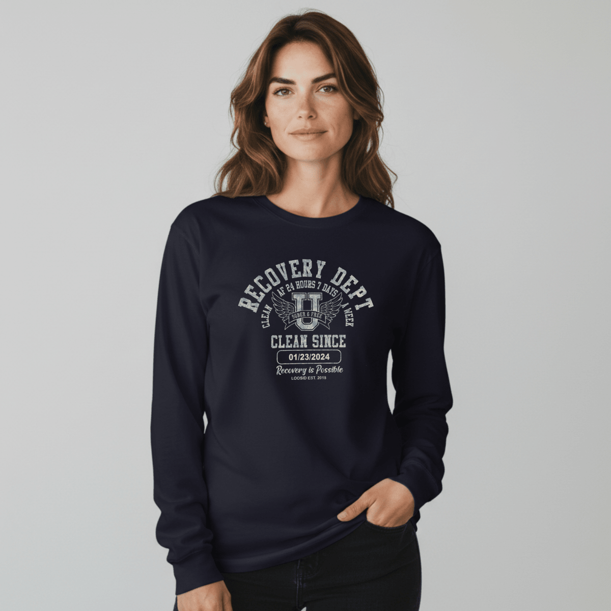Recovery Dept 24/7 Long Sleeve T-shirt with Custom Recovery Date | Clean Shirt