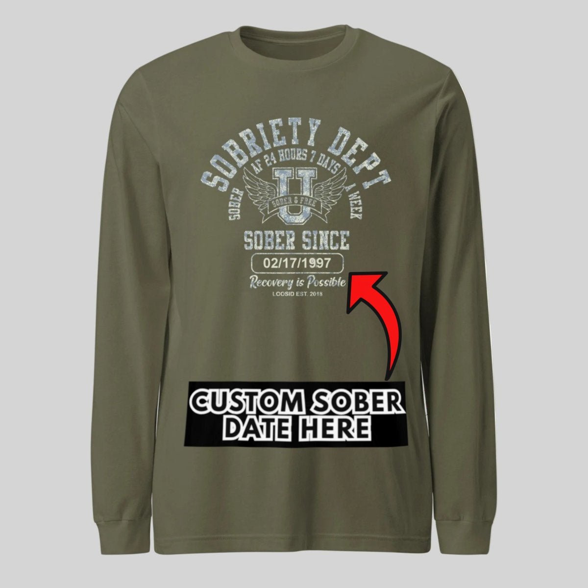 Sobriety Dept 24 7 Long Sleeve Sober T Shirt flat lay styled image (view 23)