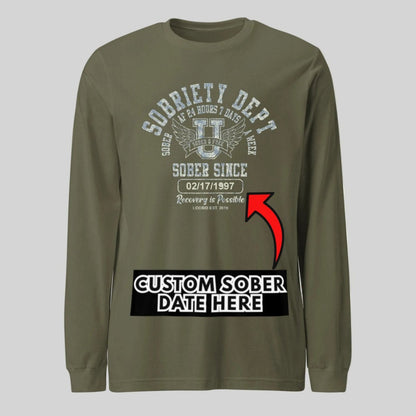 Sobriety Dept 24 7 Long Sleeve Sober T Shirt flat lay styled image (view 23)