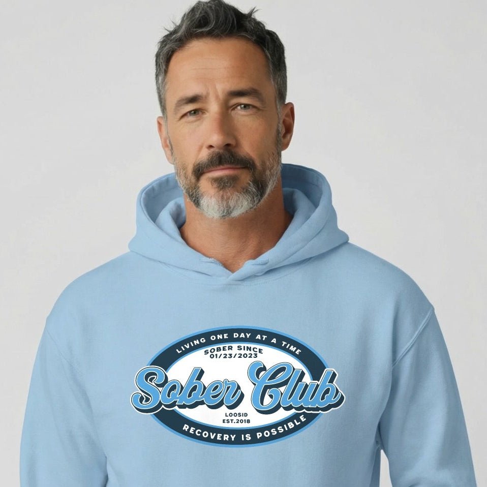 Sober Club Badge Unisex Hoodie with Custom Sobriety Date