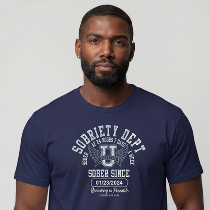 Sobriety Dept Men's T-Shirt with Custom Sobriety Date