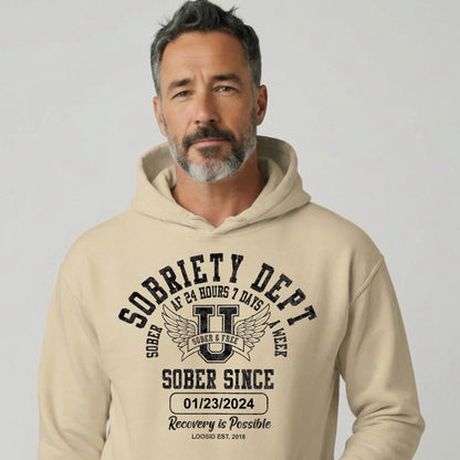 Sobriety Dept Recovery Hoodie close-up view (view 2)