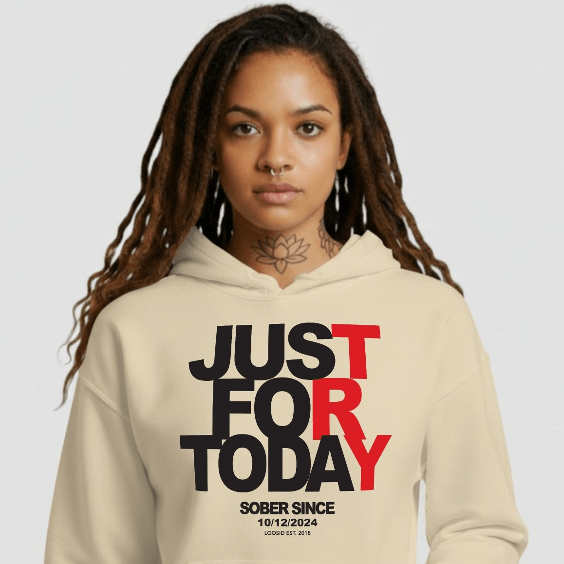 Just For Today Women's Custom Sobriety Date Recovery Hoodie flat lay styled image (view 43)