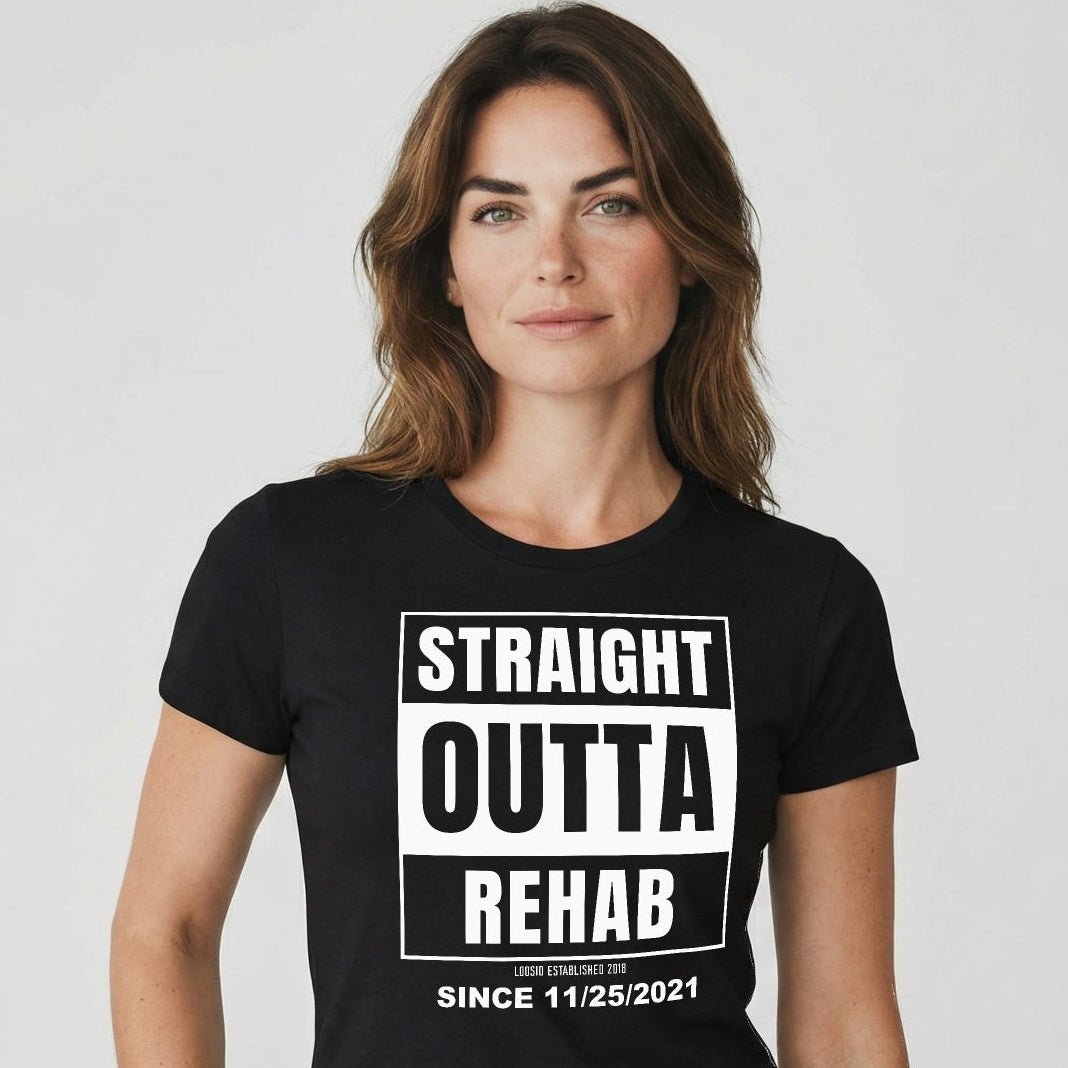Straight Outta Rehab Sober T Shirt close-up view (view 2)