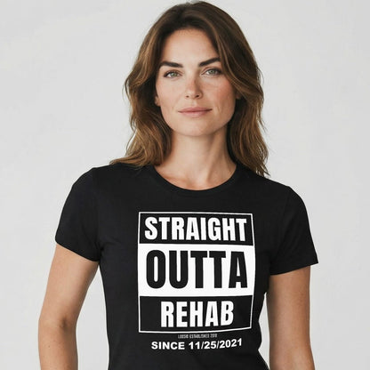 Straight Outta Rehab Sober T Shirt close-up view (view 2)