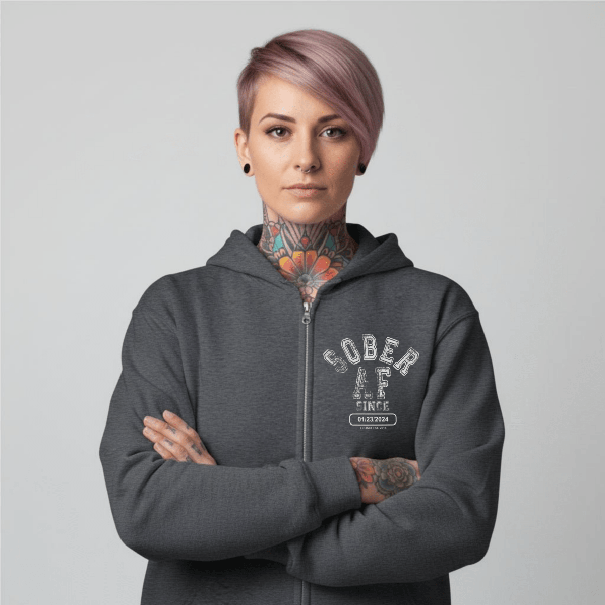 Recovery Hoodie | Sober AF Since Zip Hoodie with Custom Sobriety Date