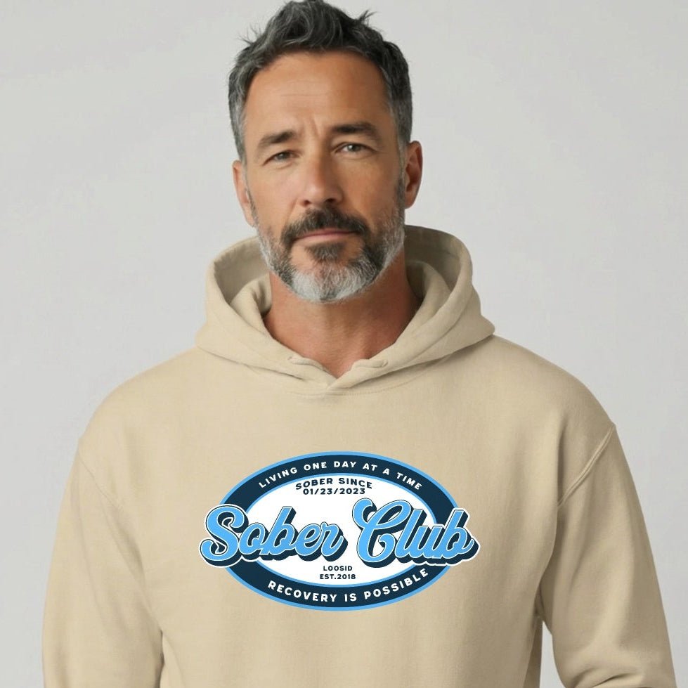 Sober Club Badge Unisex Hoodie with Custom Sobriety Date