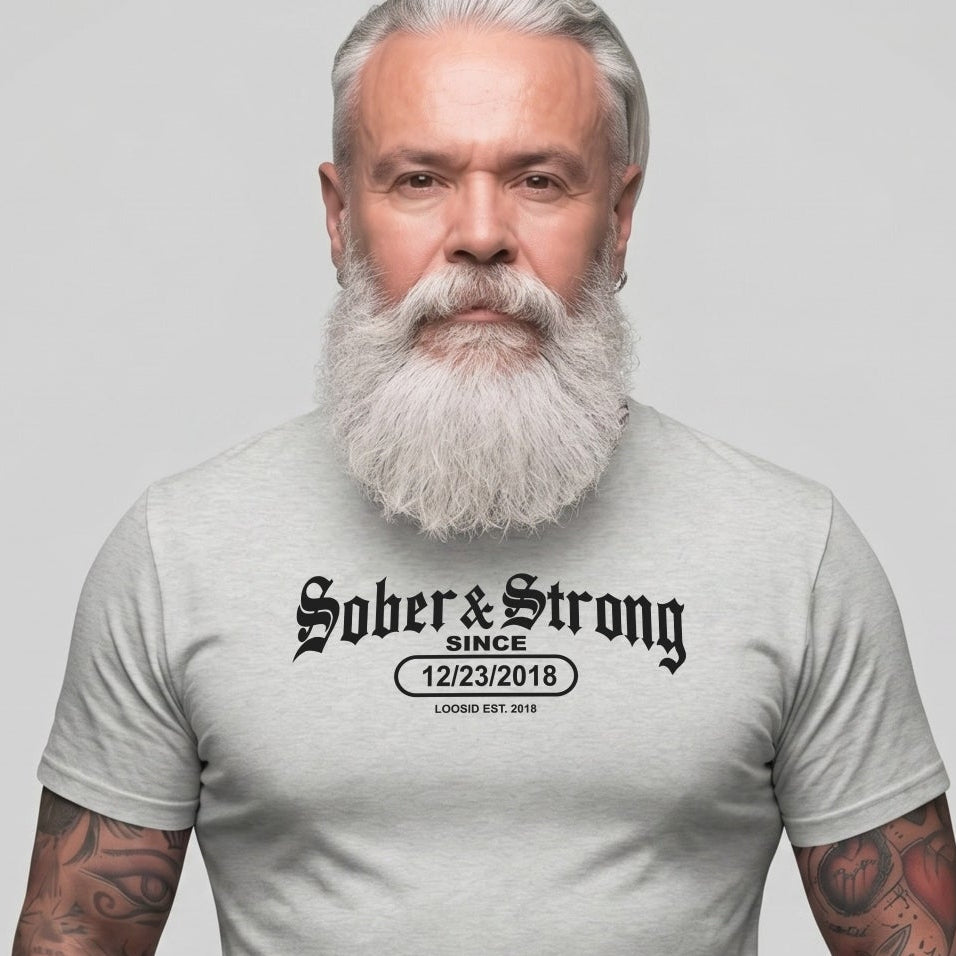 Sober T Shirt | Men's Old School Sober & Strong Tee with Personalized Sobriety Date