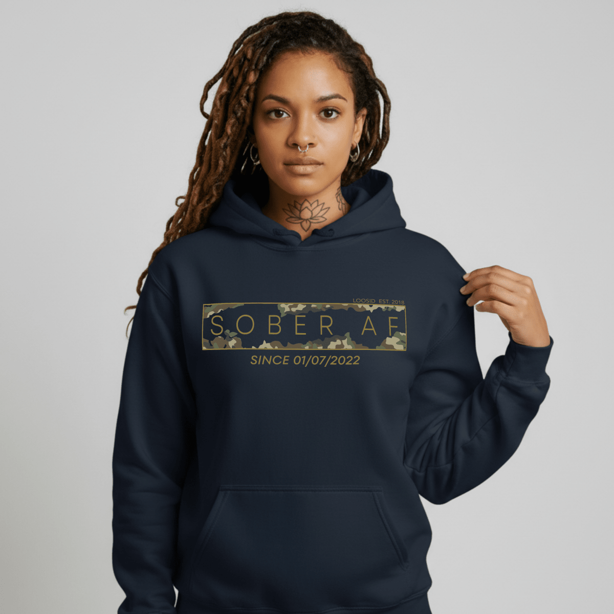 Recovery Hoodie | Unisex Sober AF Camo Hoodie with Custom Sober Date