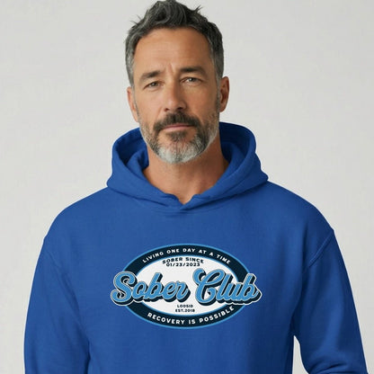 Sober Club Badge Unisex Hoodie with Custom Sobriety Date