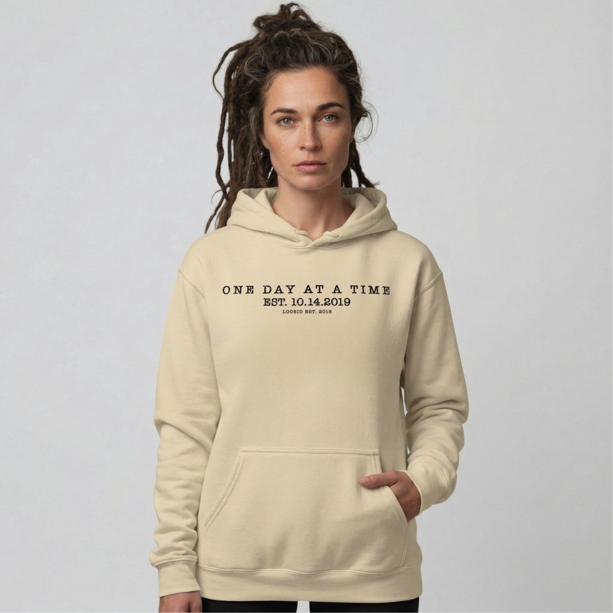 One Day At a Time Recovery Hoodie flat lay styled image (view 13)