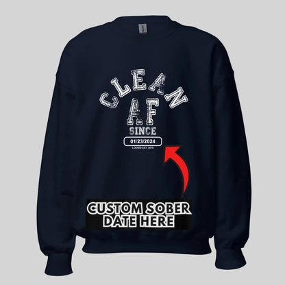 Flat lay of Loosid navy Clean AF Since personalized Recovery crewneck showing custom sobriety date location — Loosid