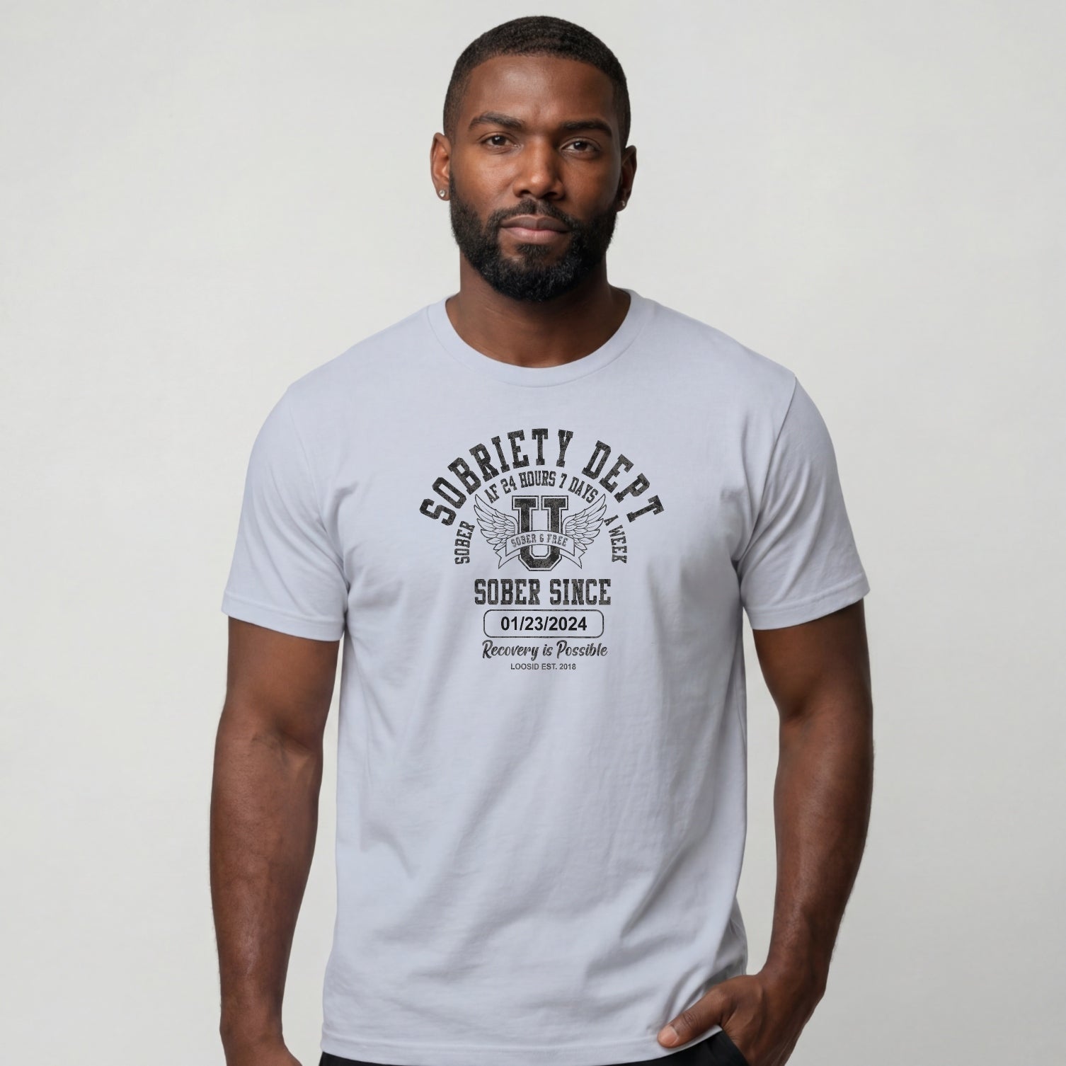 Sobriety Dept Men's T-Shirt with Custom Sobriety Date