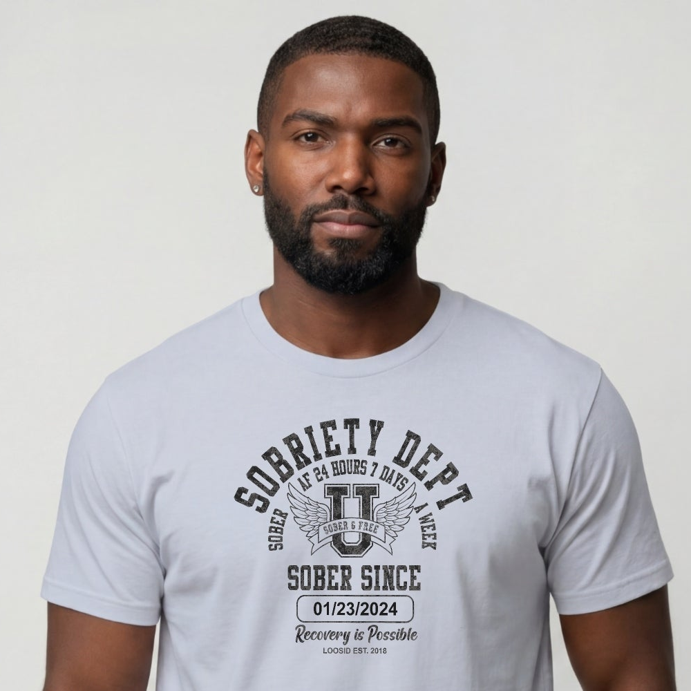 Sobriety Dept Men's T-Shirt with Custom Sobriety Date