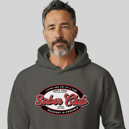 Sober Club Badge Unisex Hoodie with Custom Sobriety Date