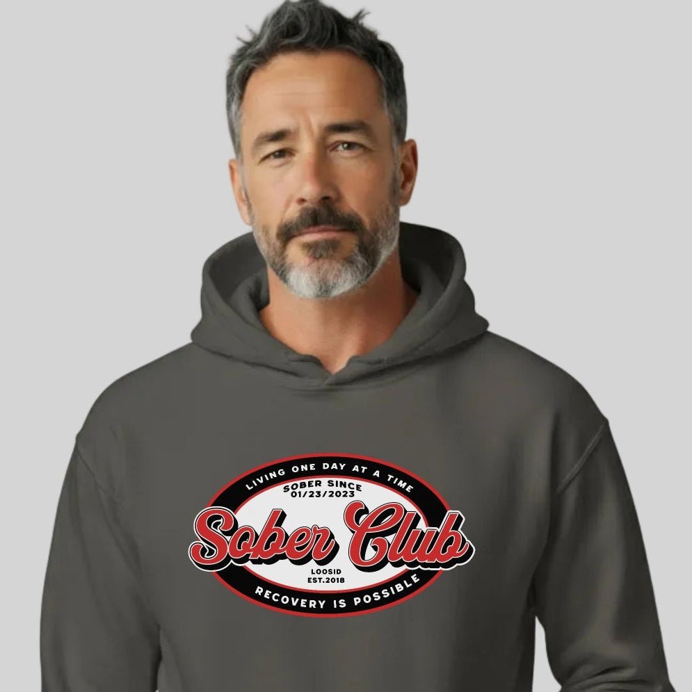 Sober Club Badge Unisex Hoodie with Custom Sobriety Date