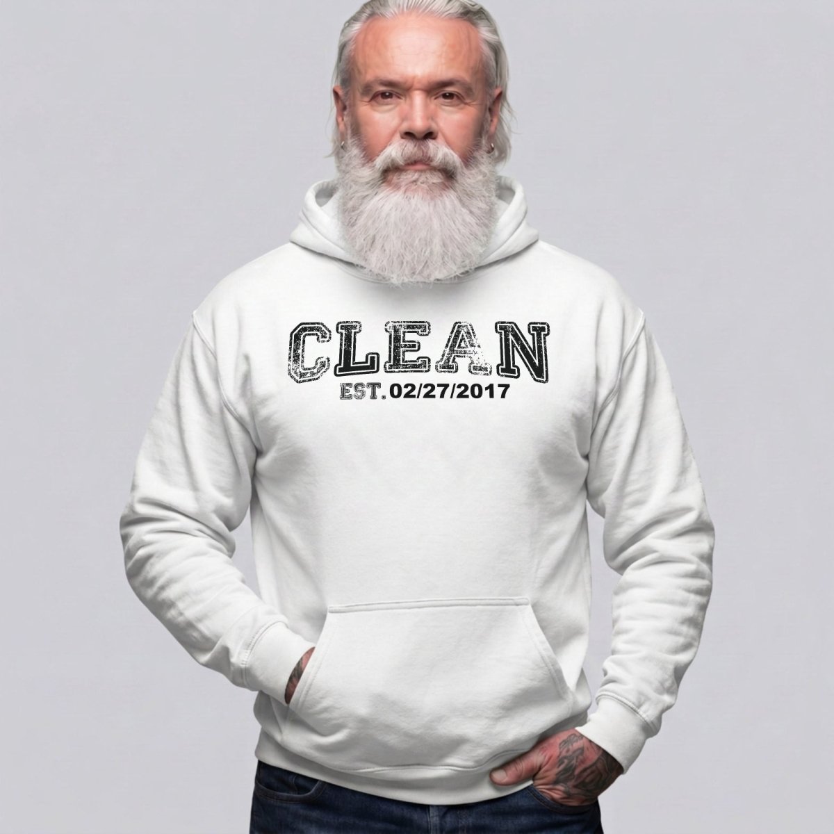 Clean Collegiate Hoodie W Personalize Recovery Date Recovery Hoodie lifestyle view (view 25)