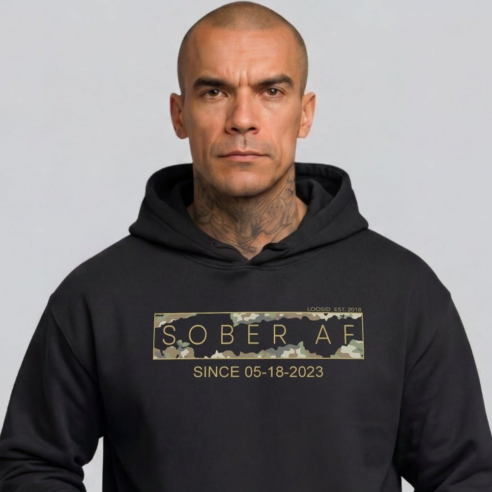 Recovery Hoodie | Men's Sober AF Camo Hoodie with Custom Sober Date