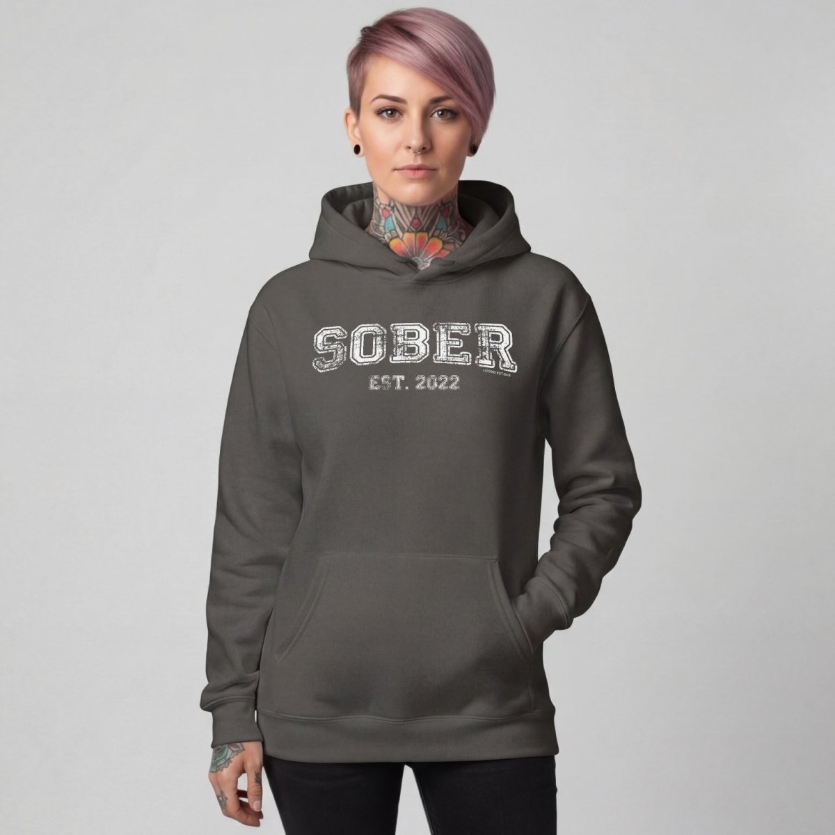 Sober Est. Hoodie w Personalized Sobriety Year Recovery Hoodie fit detail (view 29)