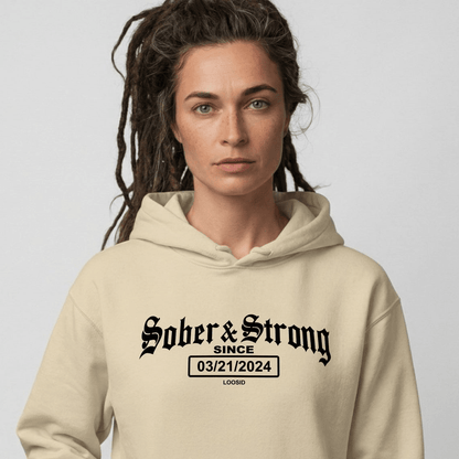 Old School Sober & Strong Recovery Hoodie lifestyle view (view 25)