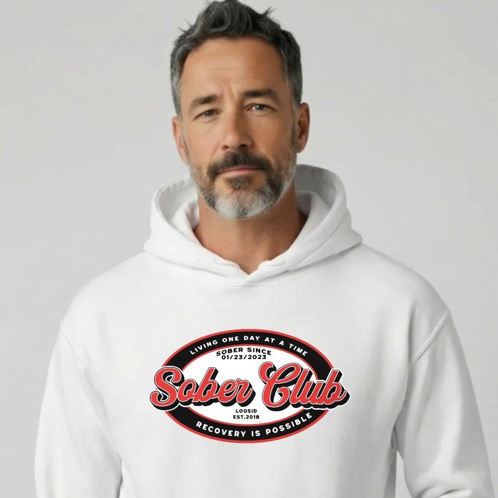Sober Club Badge Unisex Hoodie with Custom Sobriety Date