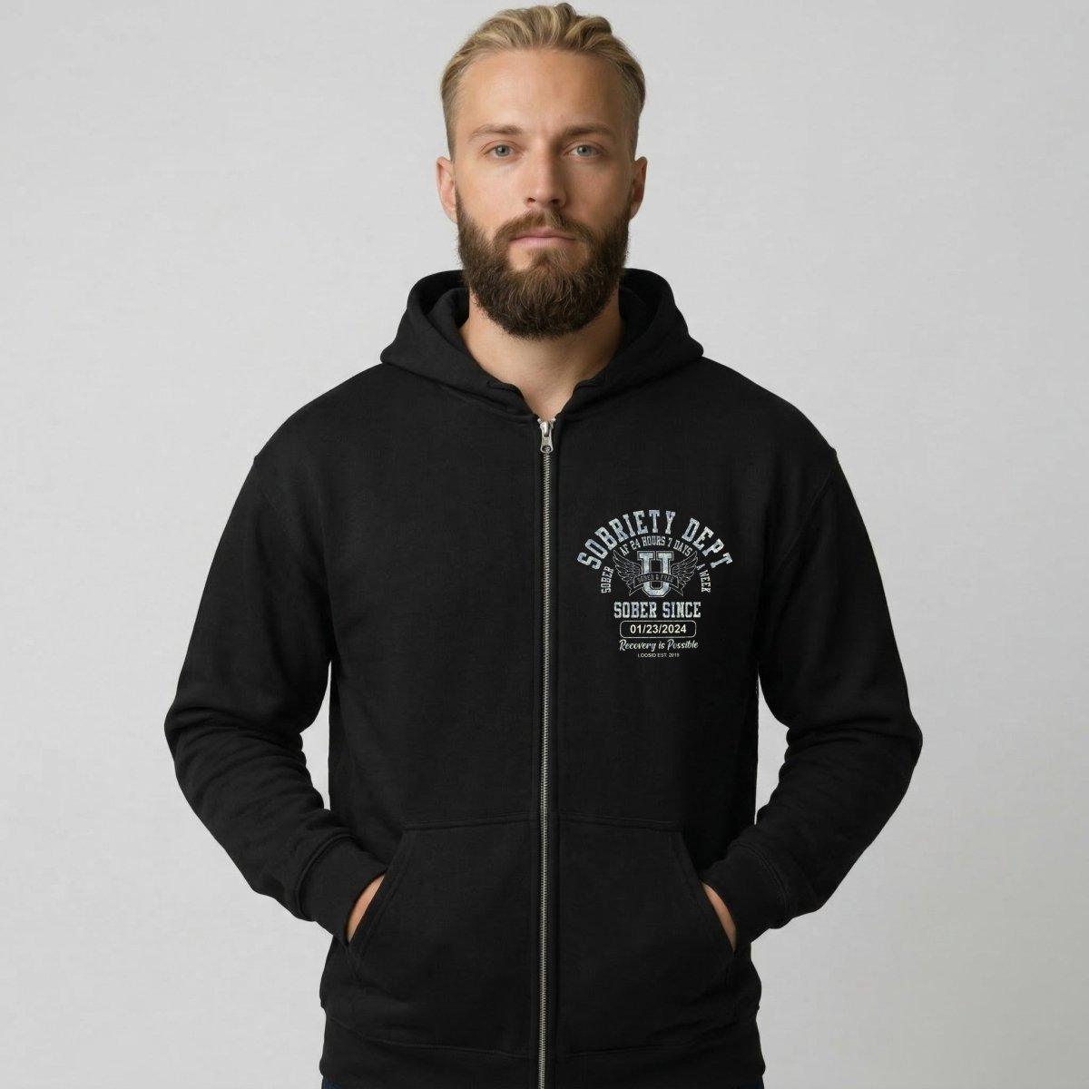 Sobriety Dept Zip Recovery Hoodie lifestyle view (view 5)