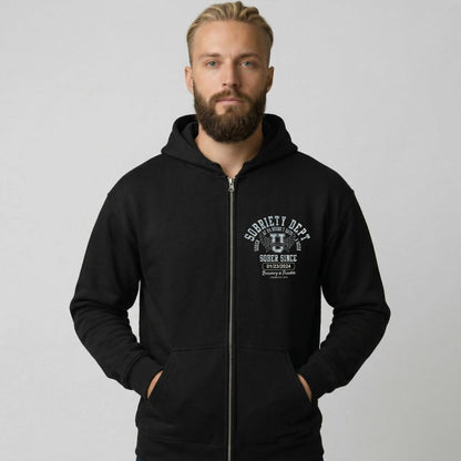 Sobriety Dept Zip Recovery Hoodie lifestyle view (view 5)