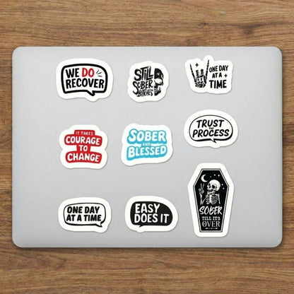 sober stickers on laptop front