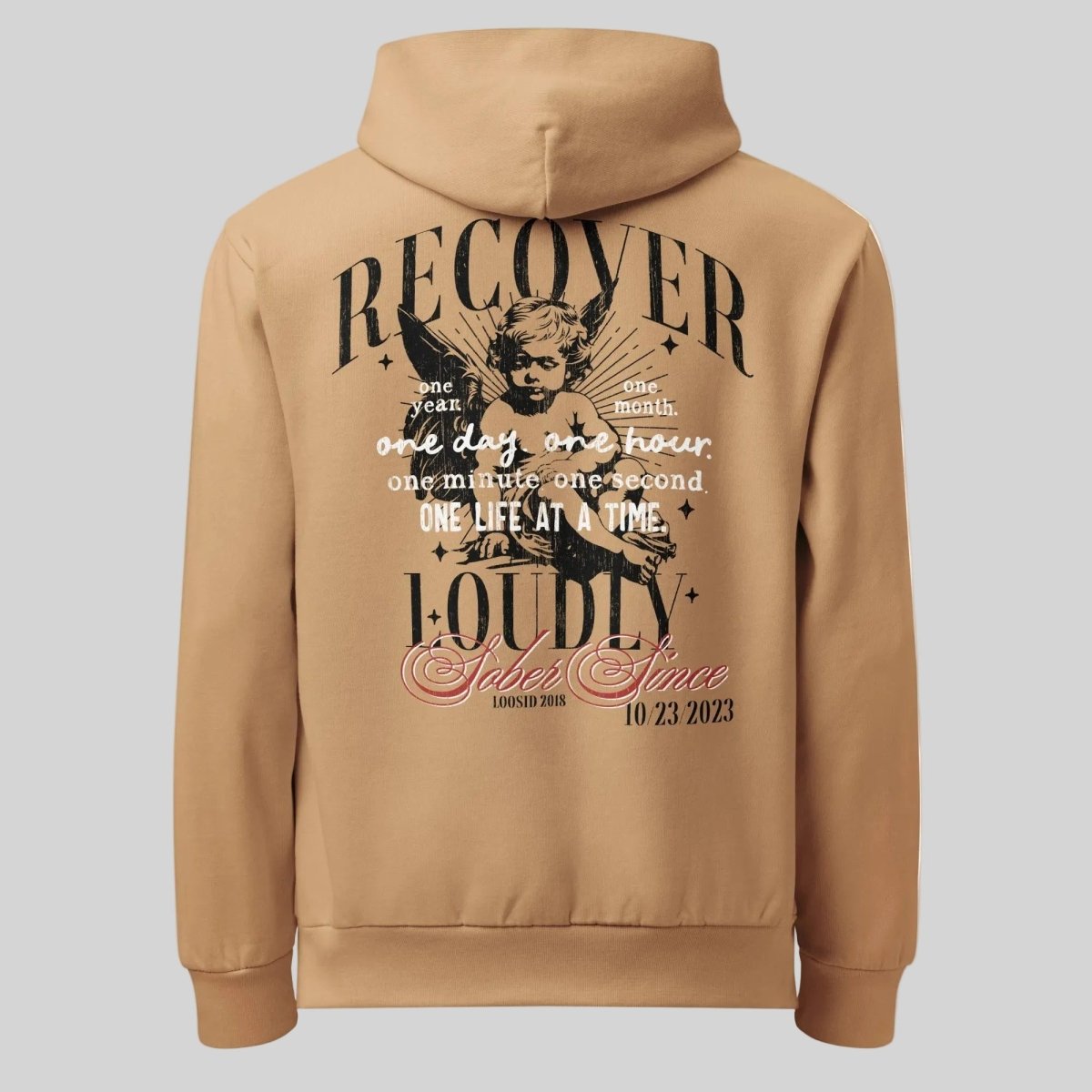 Back of Recovery Loudly Sober Hoodie - Tan