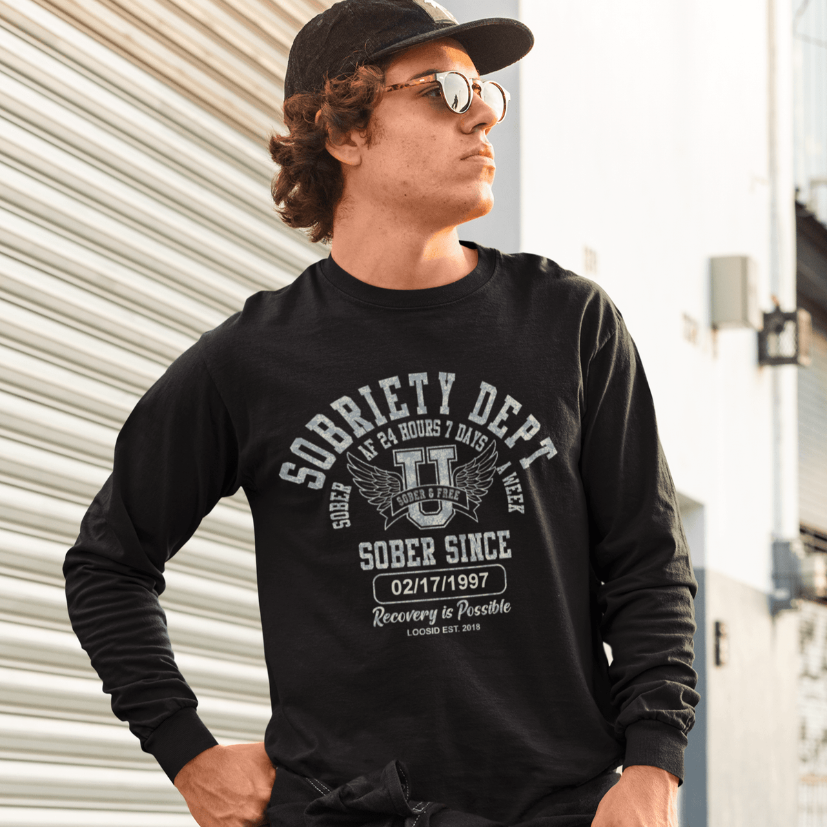 Sobriety Dept Sober AF 24/7 Long Sleeve with Custom Sobriety Date