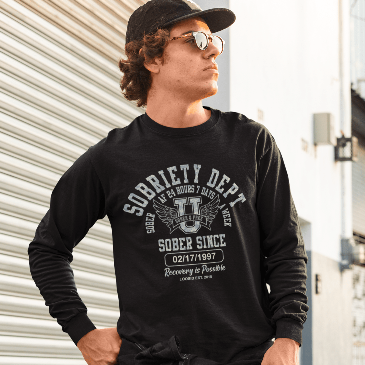 Men's Sobriety Dept Sober AF 24/7 Long Sleeve T-shirt with Custom Sobriety Date