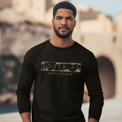 Men's Sober AF Camo Long Sleeve T-shirt with Custom Sobriety Date