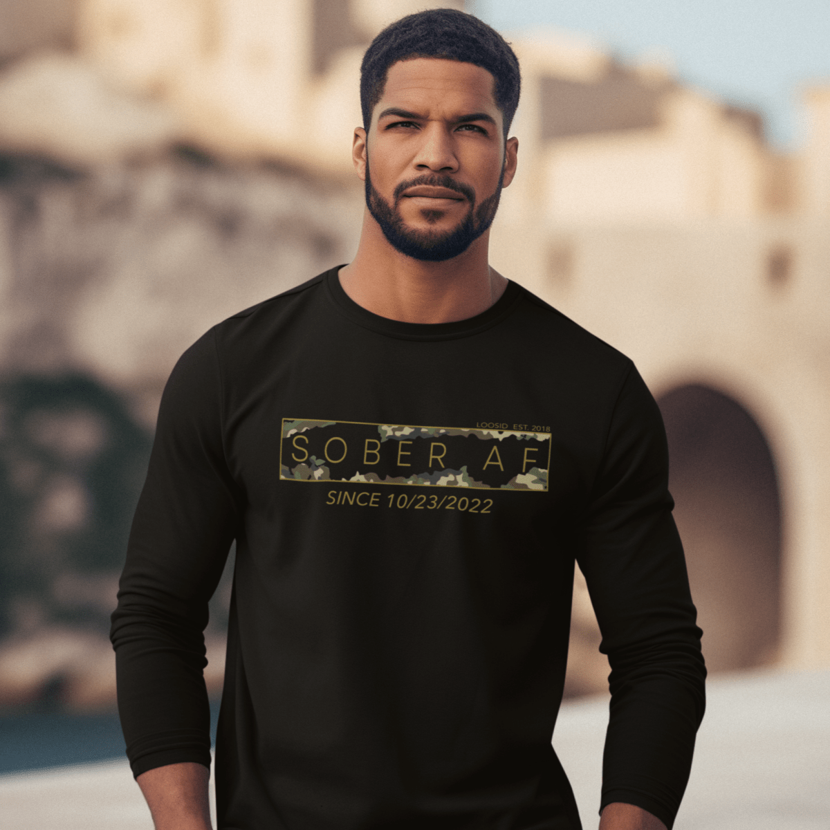 Men's Sober AF Camo Long Sleeve T-shirt with Custom Sobriety Date
