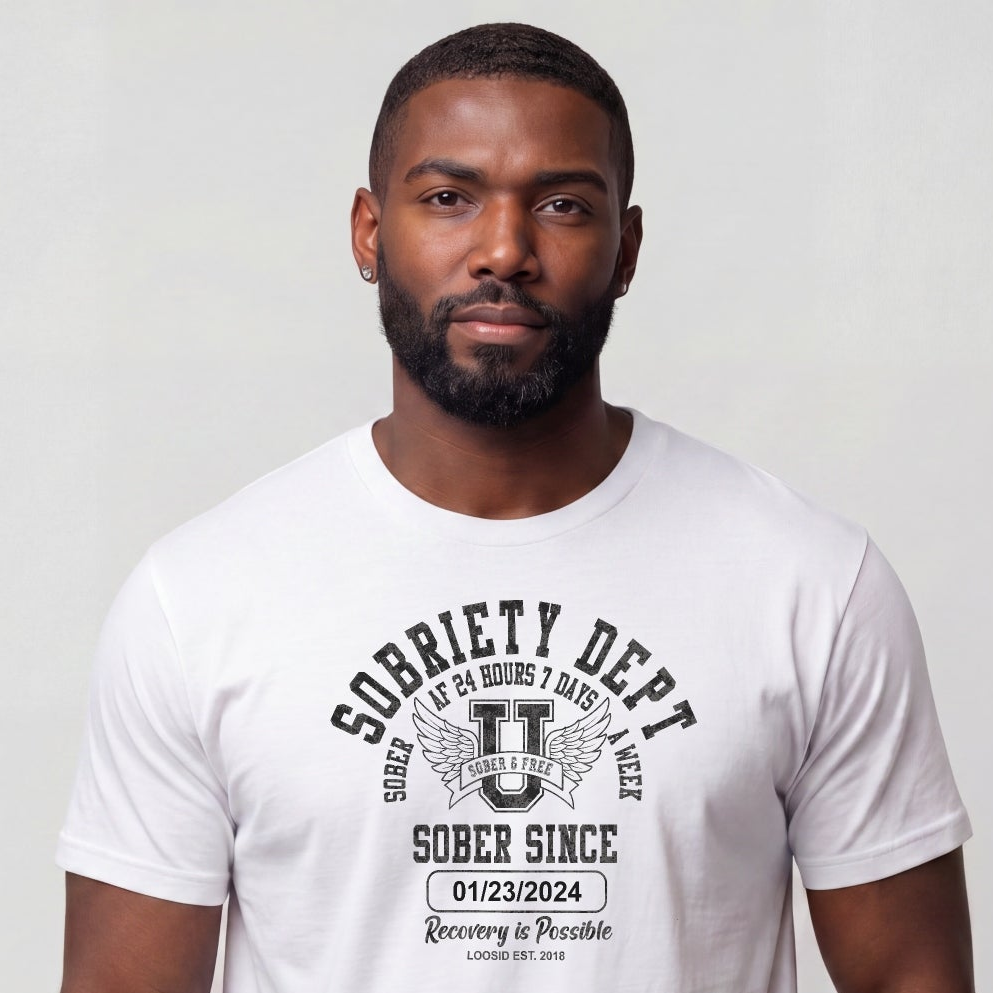 Sobriety Dept Men's T-Shirt with Custom Sobriety Date