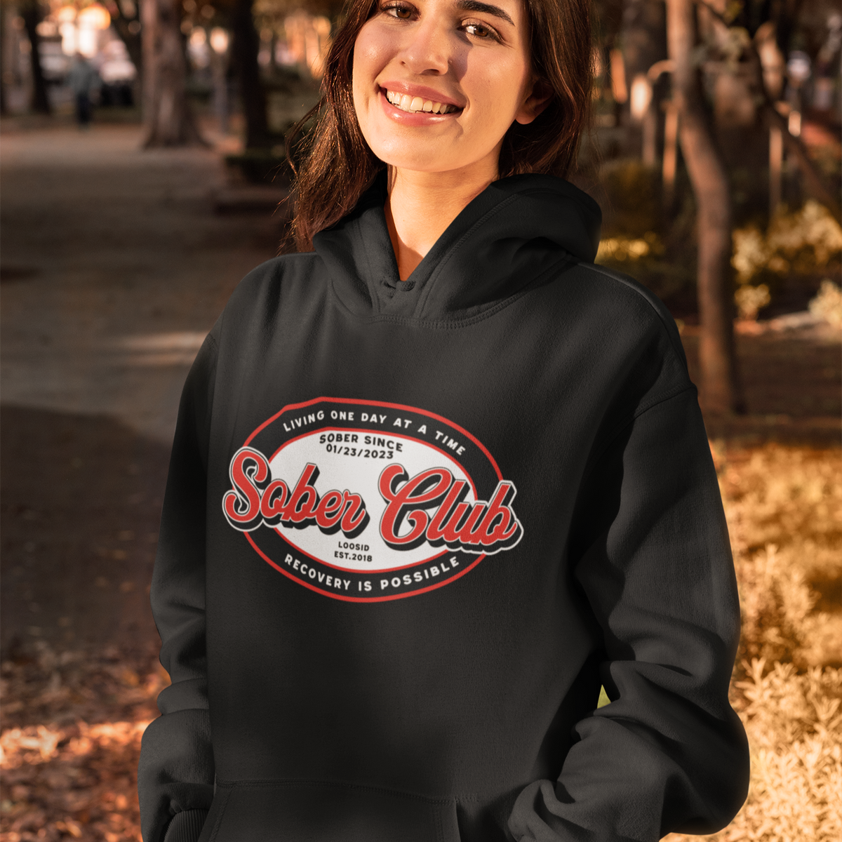 Sober Club Badge Unisex Hoodie with Custom Sobriety Date