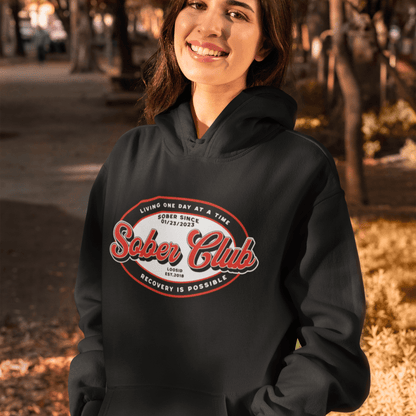 Sober Club Badge Unisex Hoodie with Custom Sobriety Date