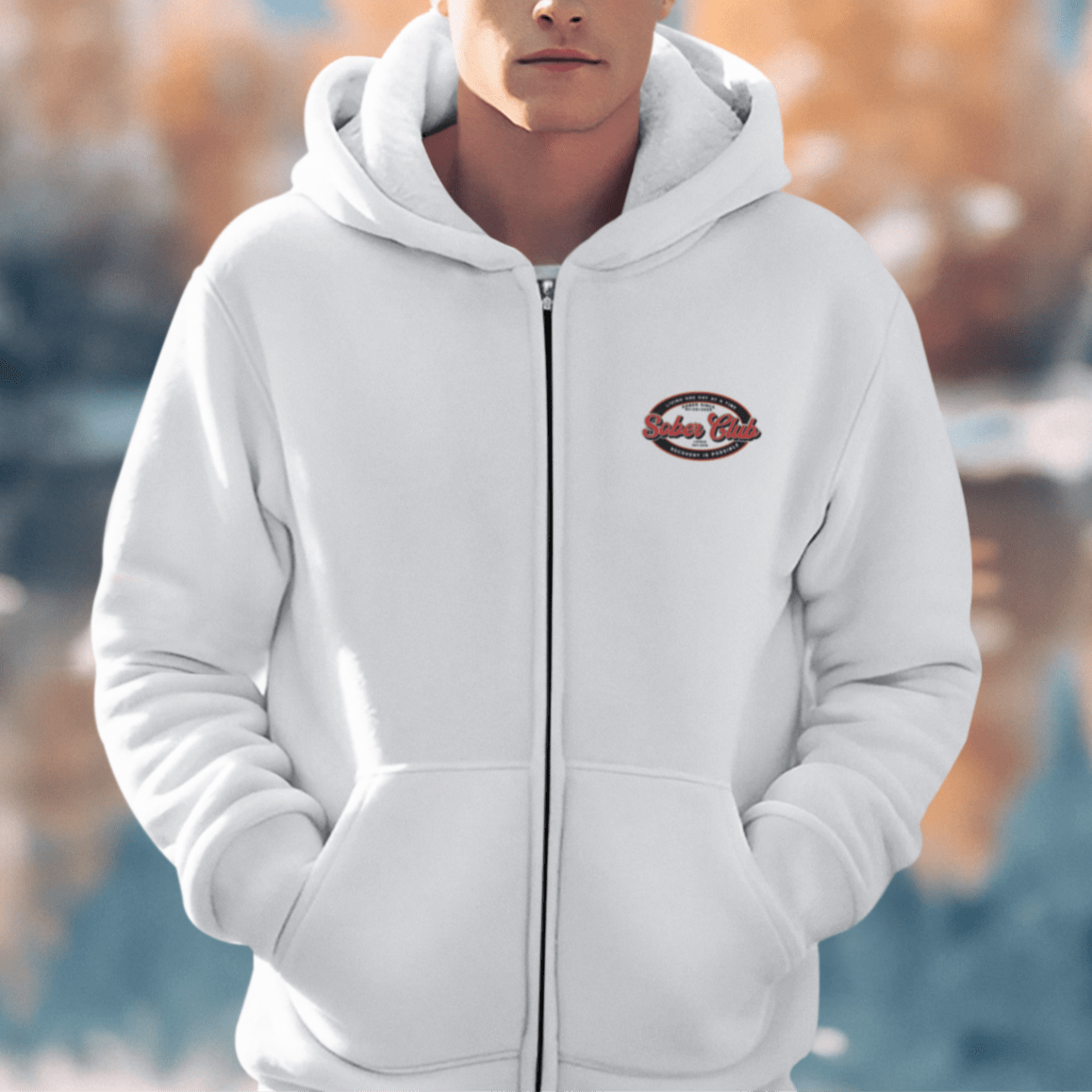 Sober Club Badge Left Chest Print Unisex Zip Hoodie with Custom Sobriety Date