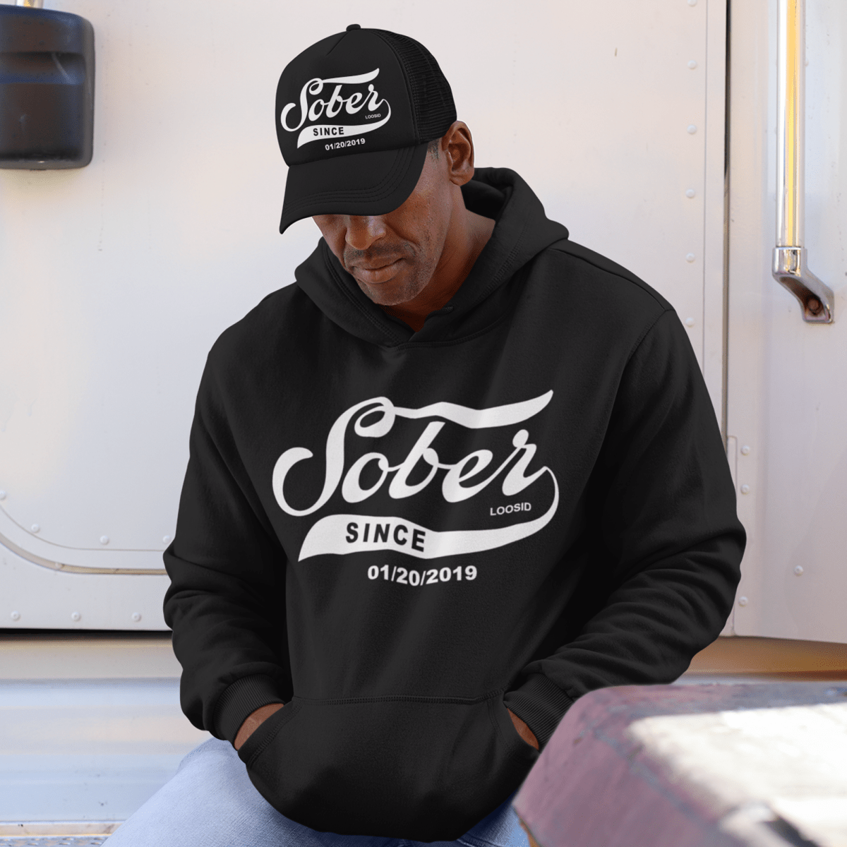 Men's Sober Since Hoodie + Trucker Hat Bundle w/ Personalized Sobriety Date