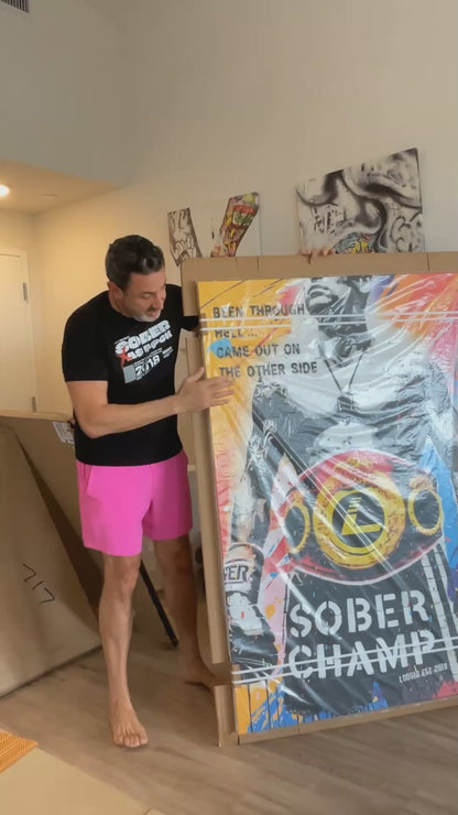 Bold and colorful sobriety art canvas with street-inspired elements