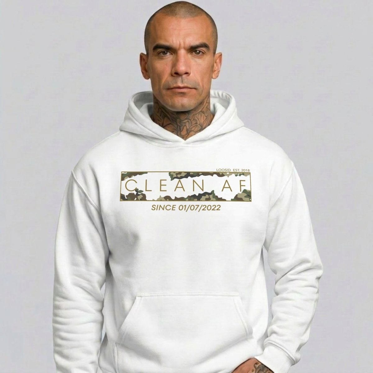 Clean AF Camo Recovery Hoodie flat lay styled image (view 13)