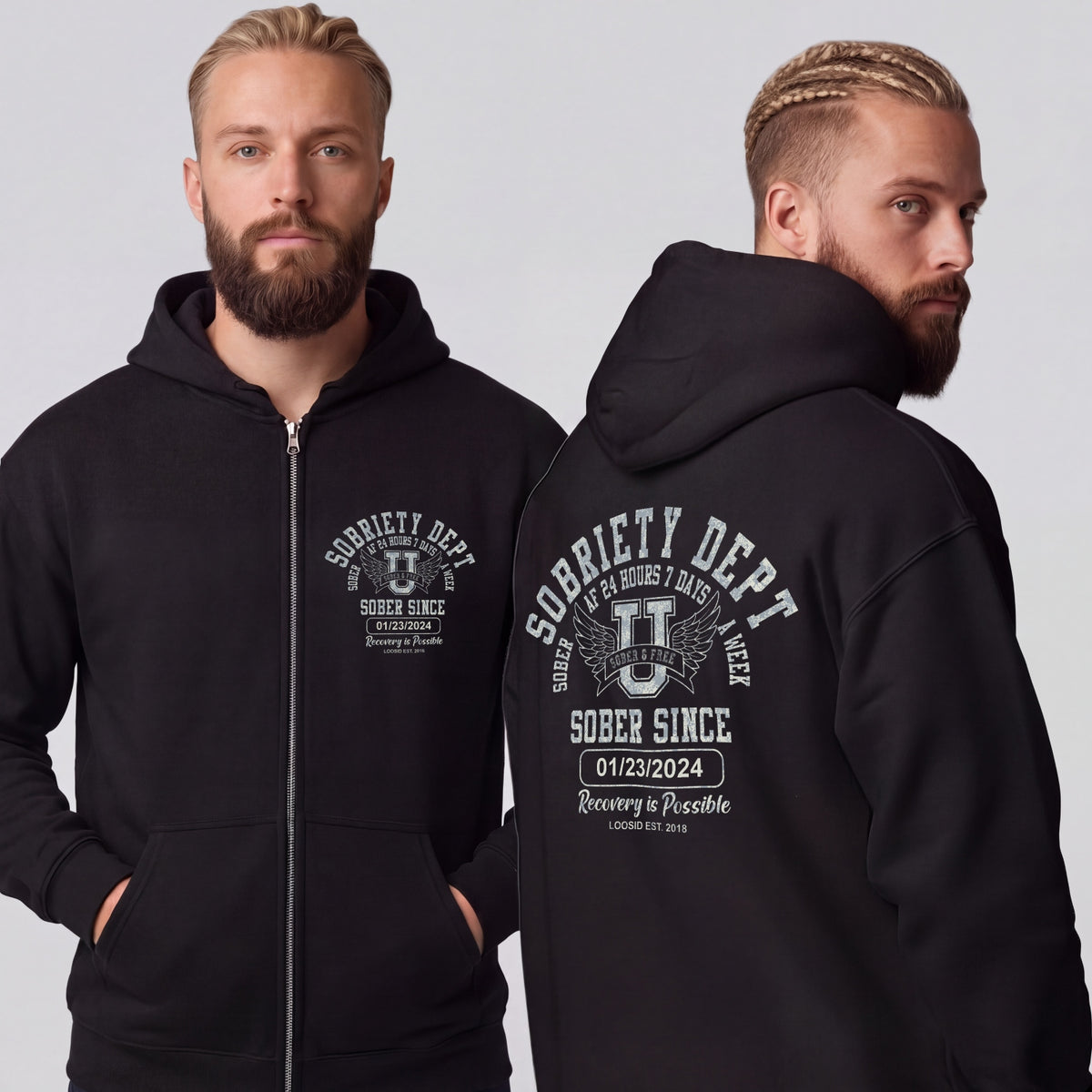 Recovery Zip Hoodie | Men's Sobriety Dept 24/7 Front & Back Print