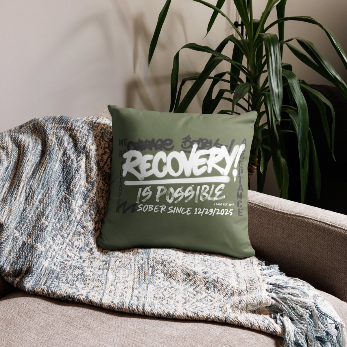 Recovery is Possible Sober Pillow flat lay styled image (view 3)