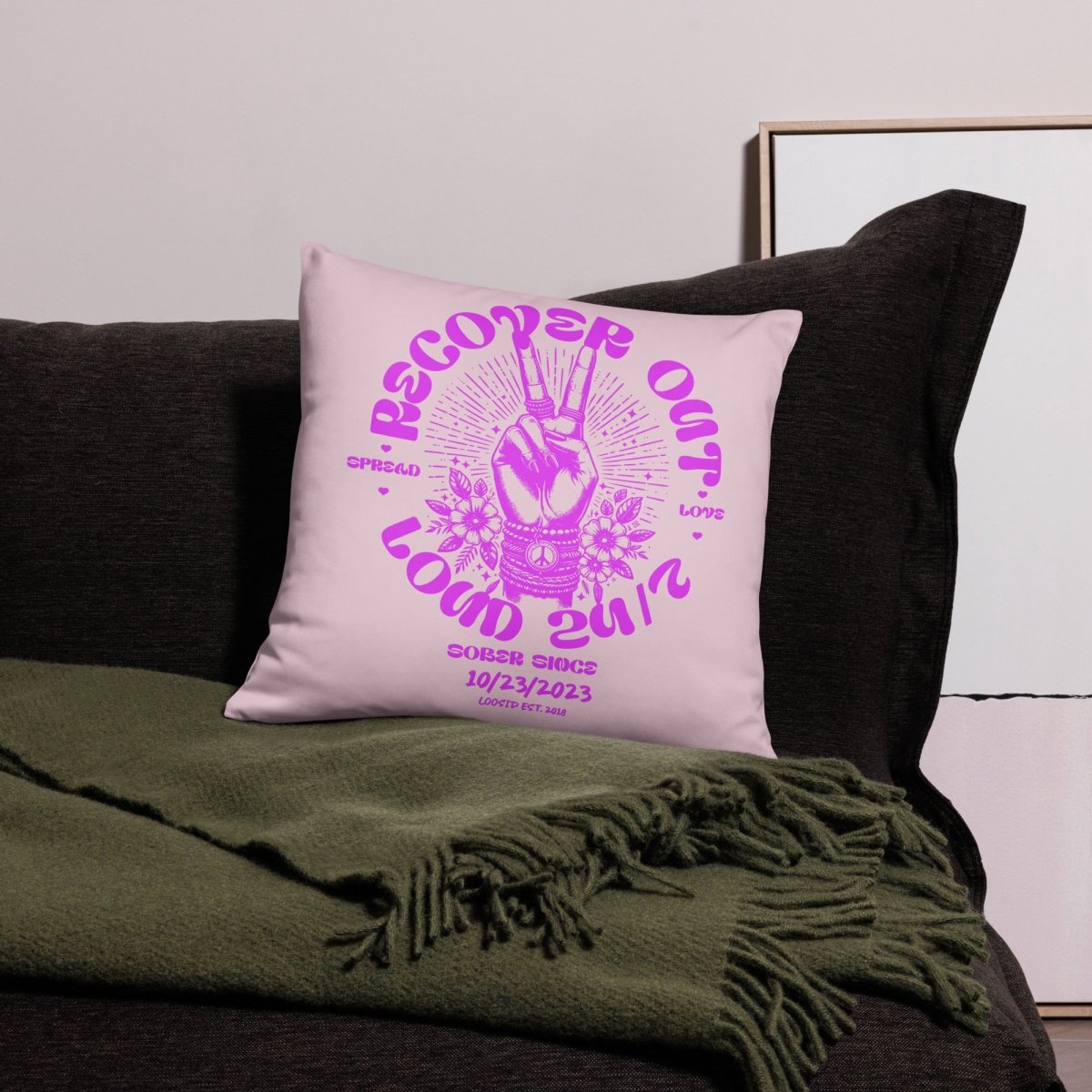 Recover Out Loud Sober Pillow flat lay styled image (view 3)